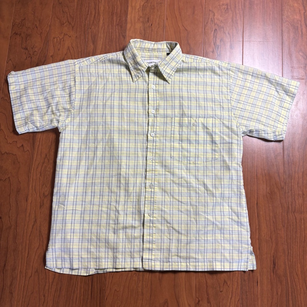Portside Mens Yellow Blue Plaid Short Sleeve Button Down Shirt Medium